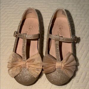 Girls Glitter T-Strap Dress Shoes with Bow - Champagne